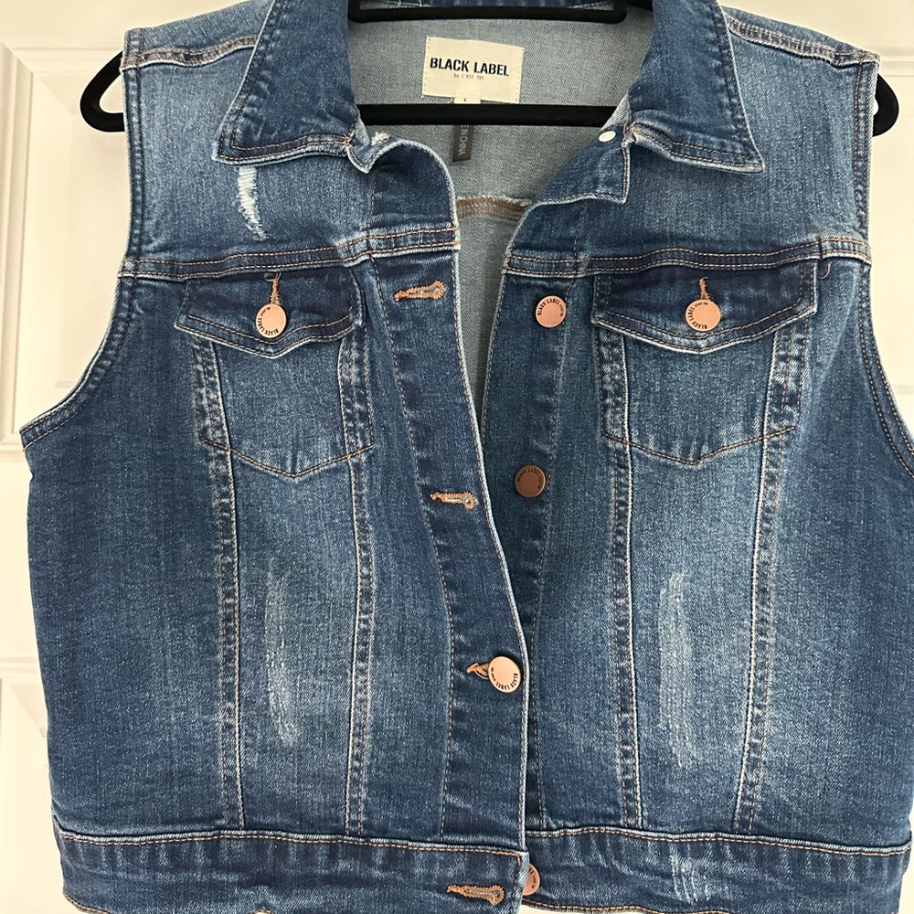 Black Label Blue Distressed Denim Vest, Large